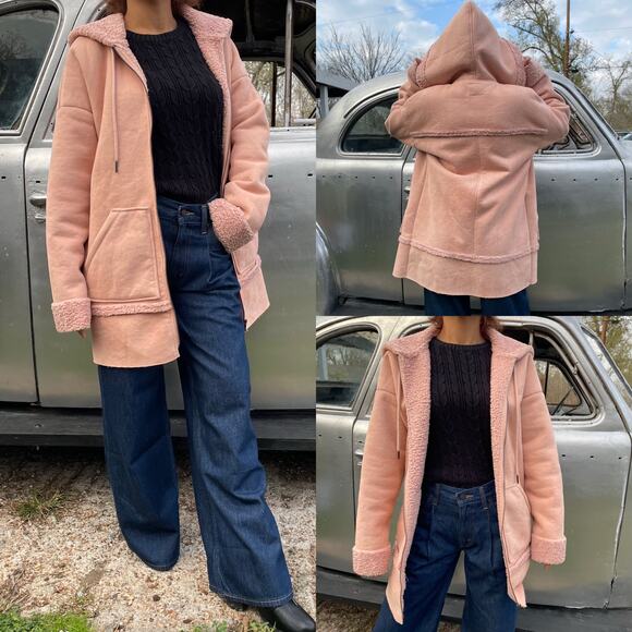 🔥GUESS Faux Sherpa Shearling suede fur Coat in Rose Pink Barbiecore Women XS - Picture 1 of 16
